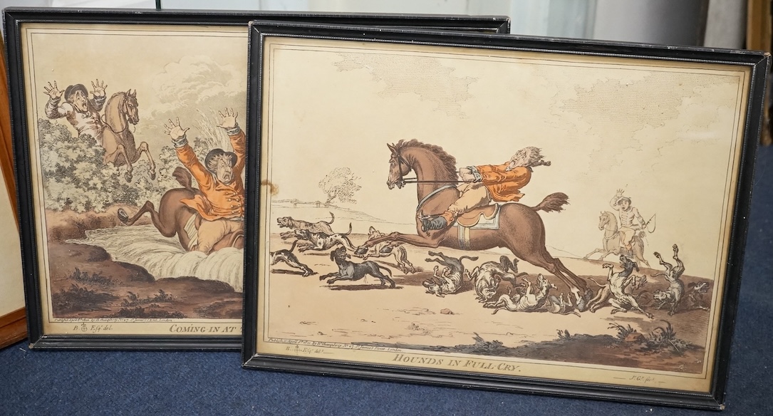 After James Gilray (1756-1815), pair of satirical aquatints, comprising 'Coming in at the death' and 'Hounds in full cry', published 8th April 1800 by H. Humphrey, London, 24 x 34cm. Condition - fair